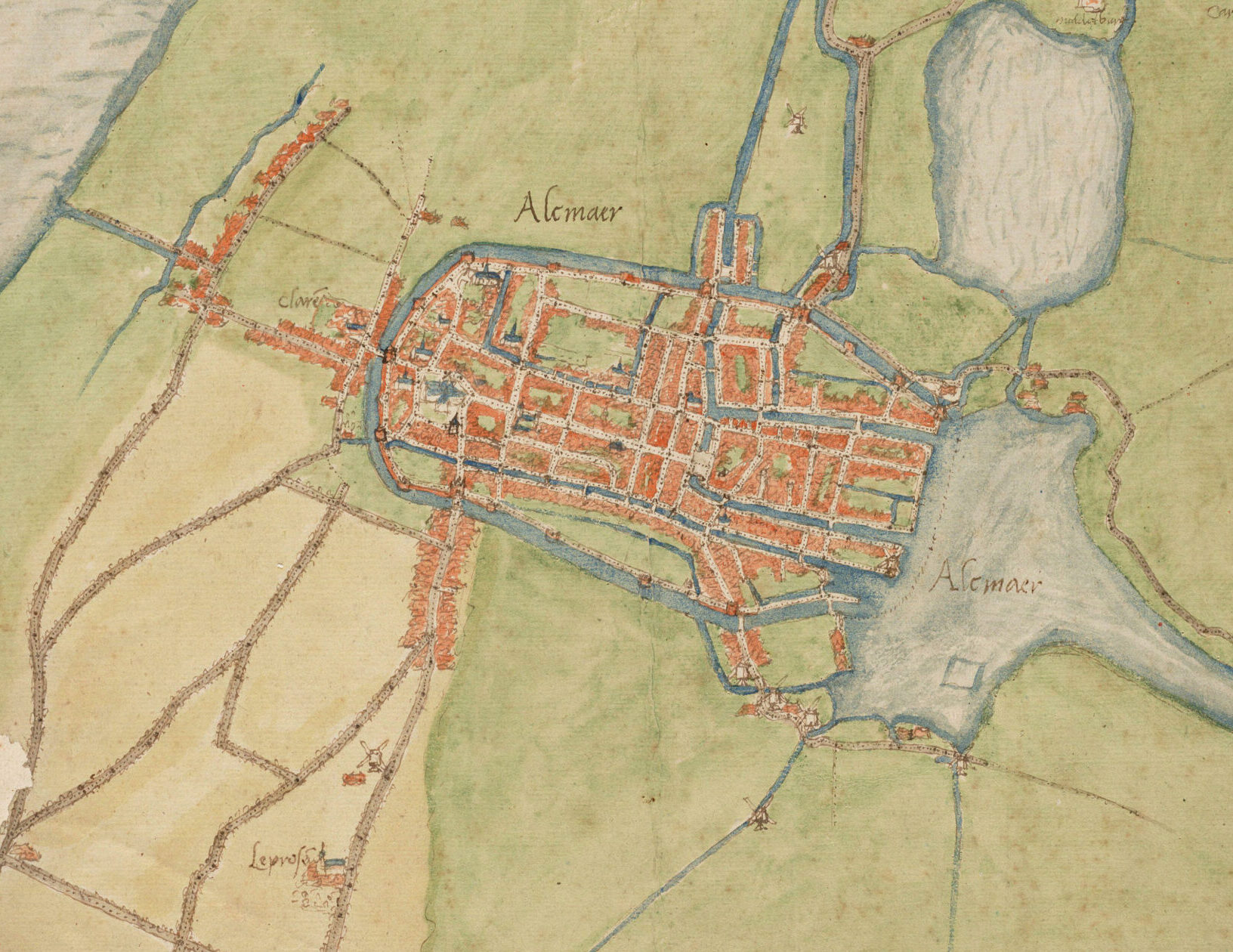 Kaart van ‘Alcmaer’ omgeving uit 1550 – 1570. Collectie Provinciale Atlas Noord-Holland, Noord-Hollands Archief